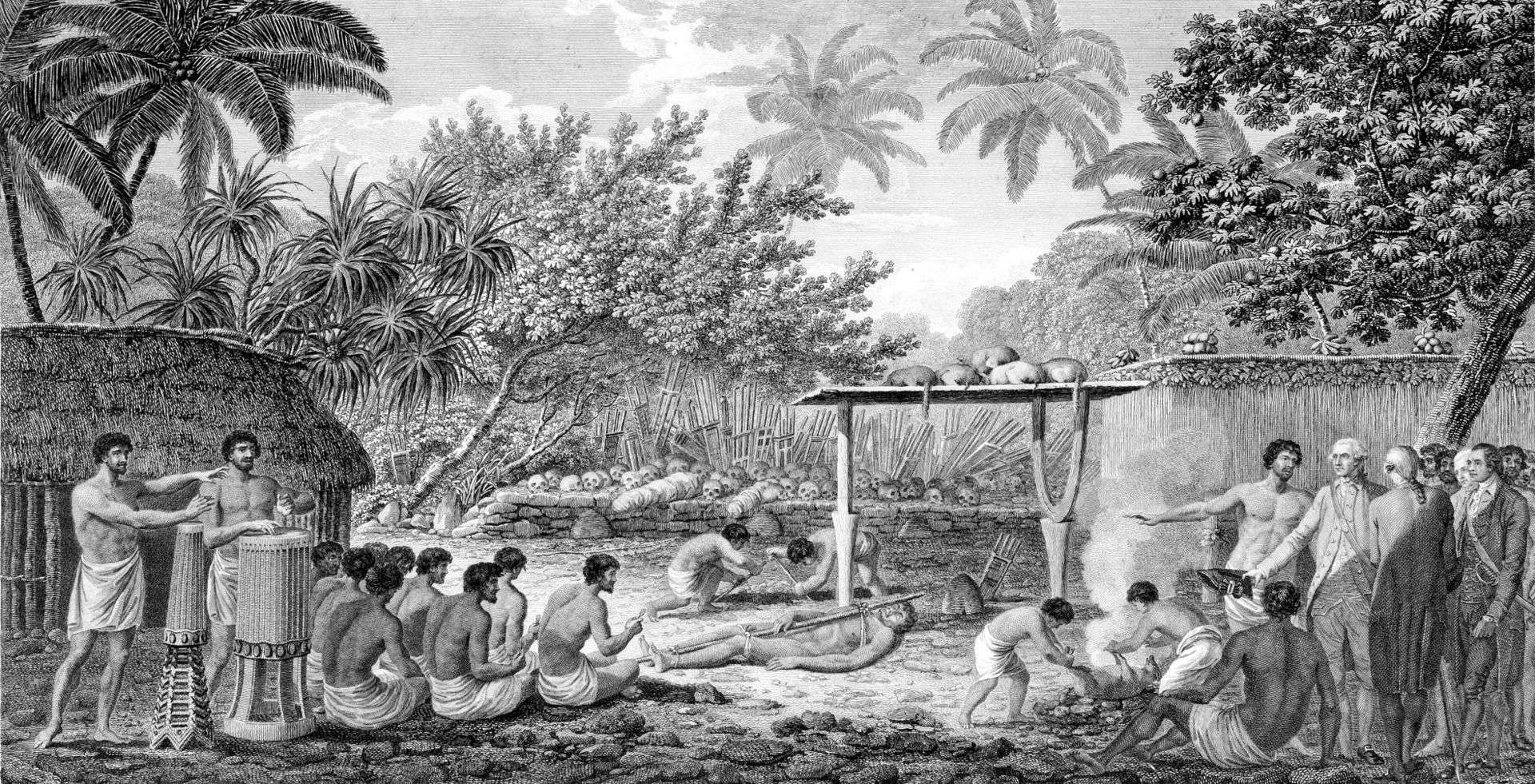 Illustration from the 1815 edition of Cook's Voyages, depicting Cook watching a human sacrifice in Tahiti c. 1773