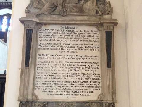 Memorial to James Cook and family in St Andrew the Great, Cambridge