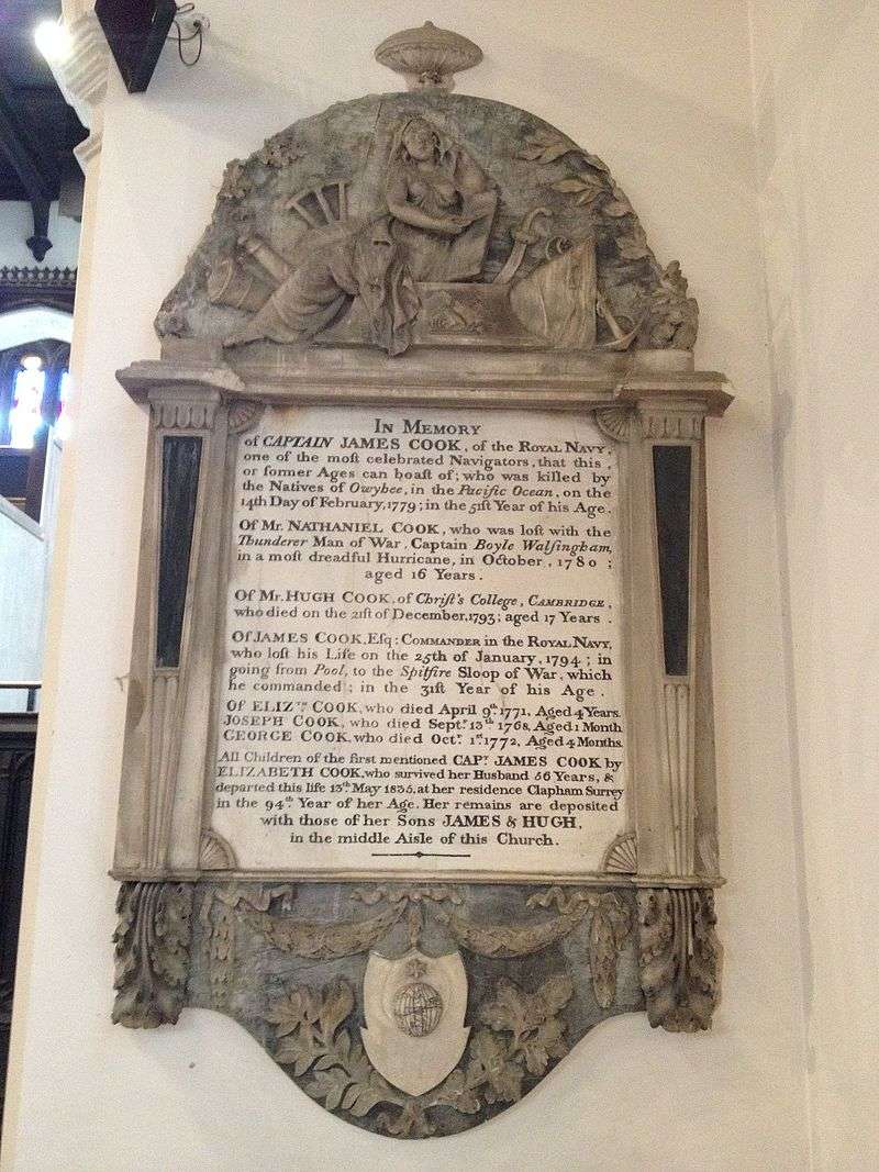 Memorial to James Cook and family in St Andrew the Great, Cambridge