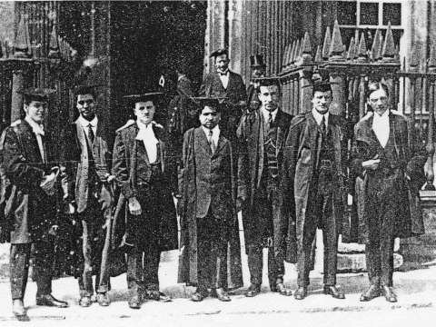 Ramanujan (centre) and his colleague G. H. Hardy (extreme right), with other scientists.