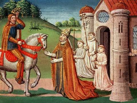 The Frankish king Charlemagne was a devout Catholic and maintained a close relationship with the papacy throughout his life. In 772, when Pope Adrian I was threatened by invaders, the king rushed to Rome to provide assistance. Shown here, the pope asks Ch