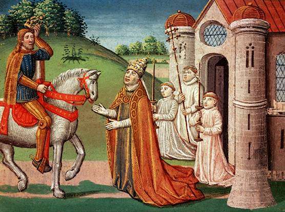 The Frankish king Charlemagne was a devout Catholic and maintained a close relationship with the papacy throughout his life. In 772, when Pope Adrian I was threatened by invaders, the king rushed to Rome to provide assistance. Shown here, the pope asks Ch