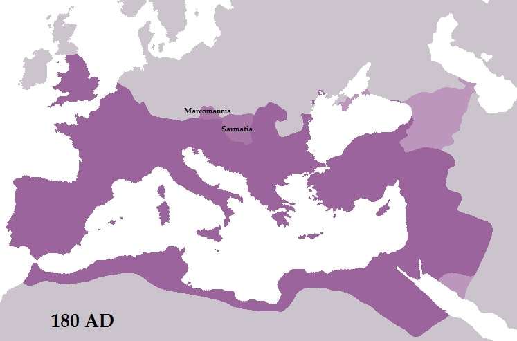 The Roman Empire at the death of Marcus Aurelius in 180, represented in purple.