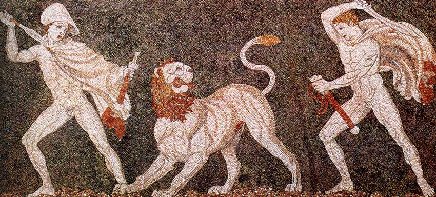 Alexander (left), wearing a kausia and fighting an Asiatic lion with his friend Craterus (detail).