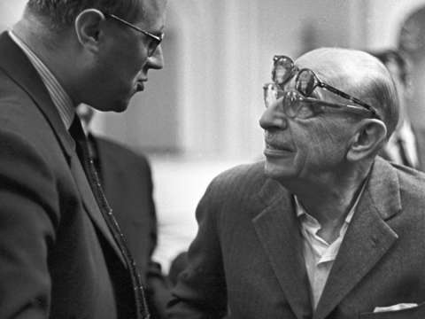 Stravinsky with Mstislav Rostropovich in Moscow in September 1962