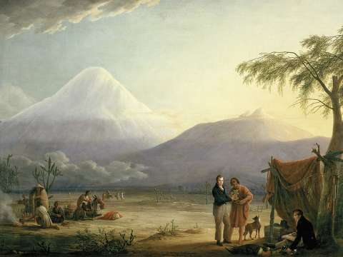Humboldt and his fellow scientist Aimé Bonpland near the foot of the Chimborazo volcano, painting by Friedrich Georg Weitsch (1810)