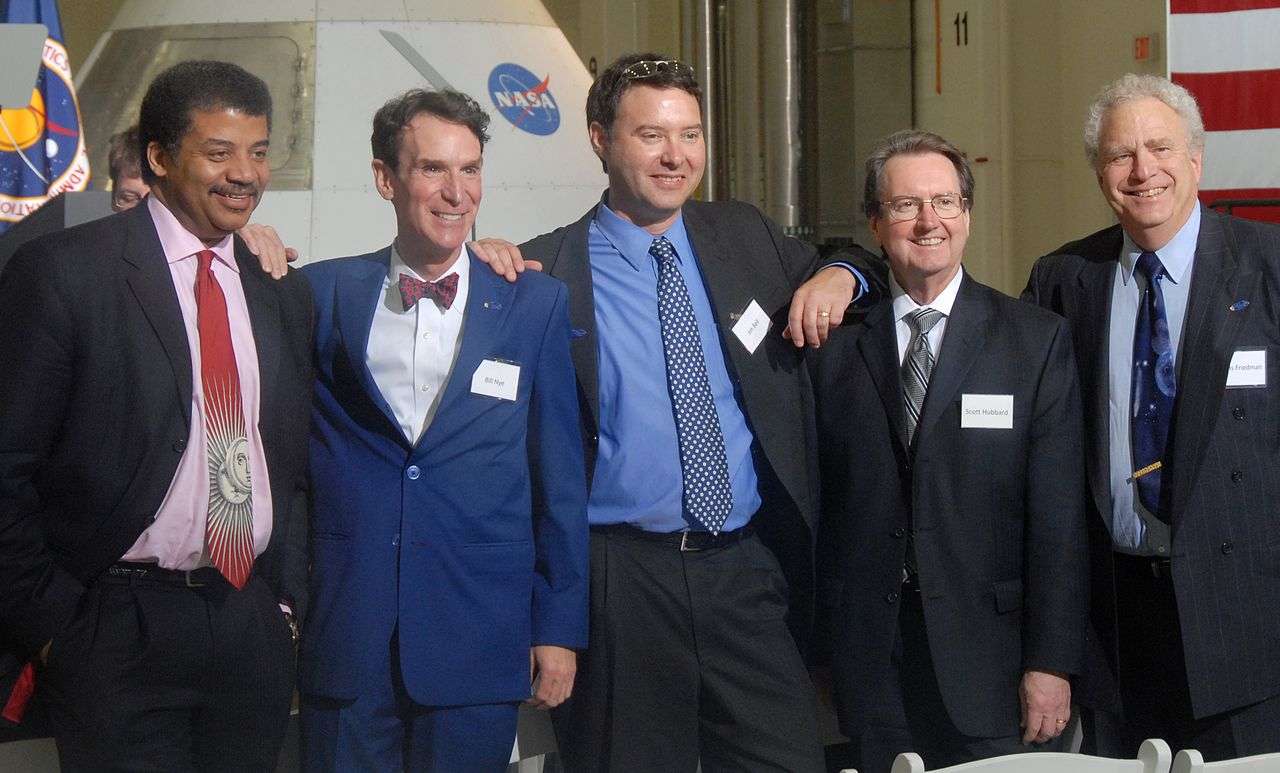 2010 Space Conference group portrait: From left, Tyson, Bill Nye, Jim Bell, Scott Hubbard, and Lou Friedman