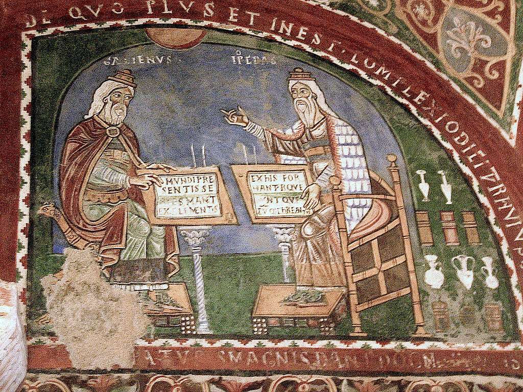 Mural painting showing Galen and Hippocrates. 12th century; Anagni, Italy