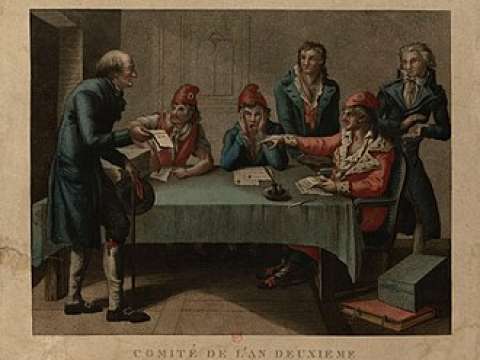 Print representing a fr:Comité de surveillance of the Parisian section of the year II, after Jean-Baptiste Huet. (National Library of France, Paris.)