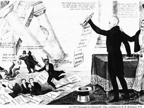 1833 Democratic cartoon shows Jackson destroying the 