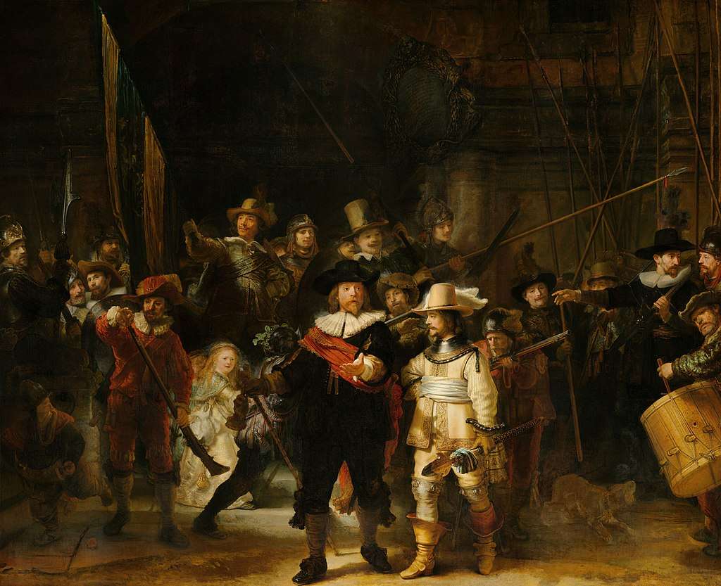 The Night Watch or The Militia Company of Captain Frans Banning Cocq, 1642. Oil on canvas; on display at the Rijksmuseum, Amsterdam