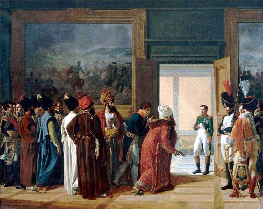 The Iranian envoy Mirza Mohammed Reza-Qazvini meeting with Napoleon I at the Finckenstein Palace in West Prussia, 27 April 1807, to sign the Treaty of Finckenstein