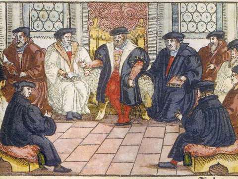Coloured woodcut of the Marburg Colloquy, anonymous, 1557