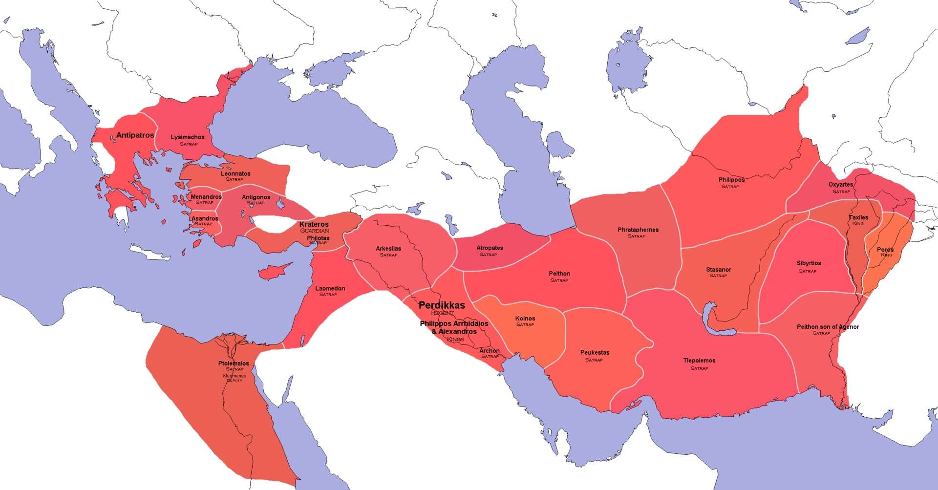 Allocation of key positions and satrapies following the Partition of Babylon in 323 BC after the death of Alexander the Great.