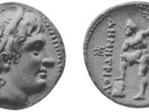 Coin of Demetrius, with the text ΒΑΣΙΛΕΩΣ ΔΗΜΗΤΡΙΟΥ (King Demetrius)