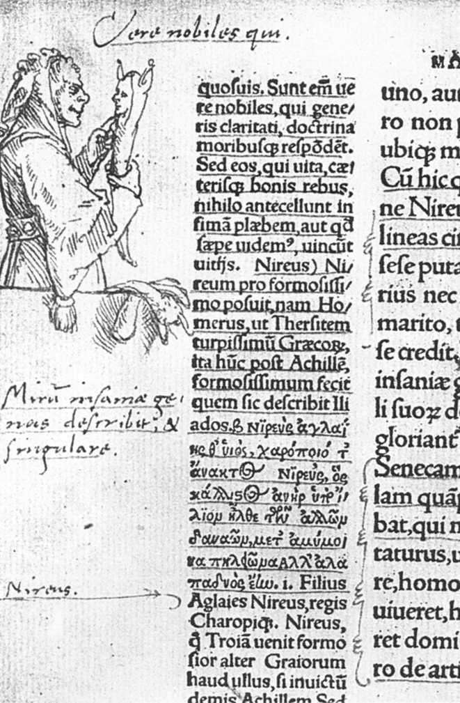 Marginal drawing of Folly by Hans Holbein in the first edition of Erasmus's Praise of Folly, 1515