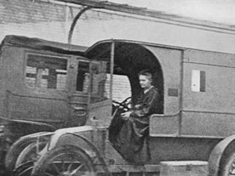 Curie in a mobile X-ray vehicle, c. 1915