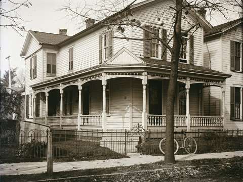 Wright brothers' home at 7 Hawthorn Street, Dayton about 1900. Wilbur and Orville built the covered wrap-around porch in the 1890s.