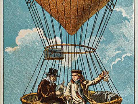 Gay-Lussac and Biot ascend in a hot air balloon, 1804. Illustration from the late 19th century.