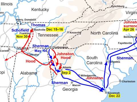 Map of Sherman's campaigns in Georgia and the Carolinas, 1864–1865