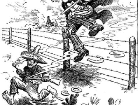 Uncle Sam entering Mexico in 1916 to punish Pancho Villa. Uncle Sam says 