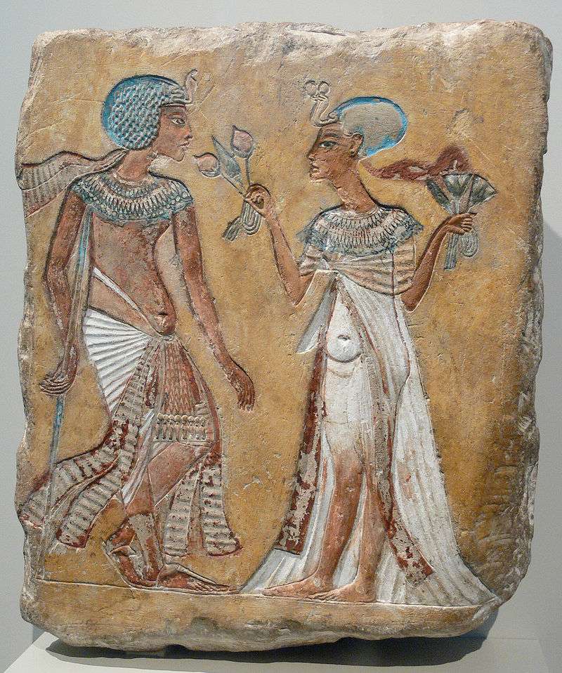 This limestone relief of a royal couple in the Amarna style have variously been attributed as Akhenaten and Nefertiti, Smenkhkare and Meritaten, or Tutankhamun and Ankhesenamun.