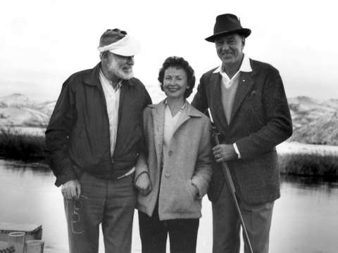 Hemingway bird-hunting at Silver Creek, near Picabo, Idaho, January 1959; with him are Gary Cooper and Bobbie Peterson