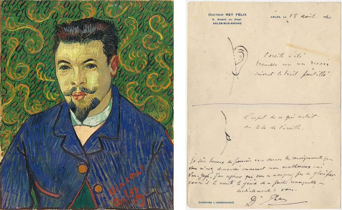 Portrait of Félix Rey, January 1889 with sketches of the damage to van Gogh's ear 