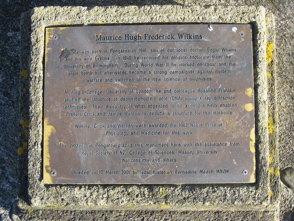 A plaque commemorating Maurice Wilkins and his discovery, beneath the monument, Pongaroa, New Zealand