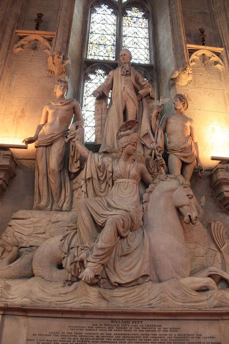 The huge monument to William Pitt the Younger by J. G. Bubb in the Guildhall, London, faces an equally huge monument to his father, William Pitt the Elder, in a balanced composition