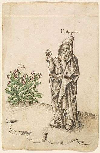 French manuscript from 1512/1514, showing Pythagoras turning his face away from fava beans in revulsion