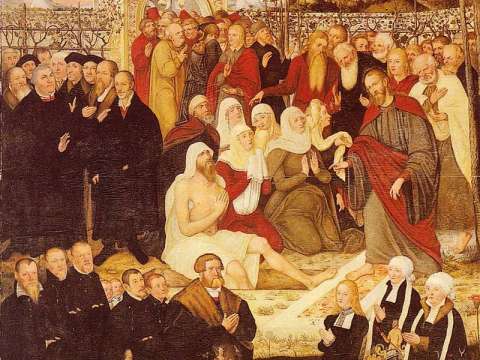 Luther on the left with Lazarus being raised by Jesus from the dead, painting by Lucas Cranach the Elder, 1558