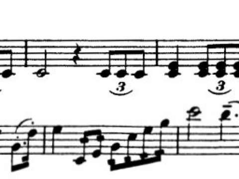 Trumpet part (top) and the main theme in the violin part (bottom), of the 