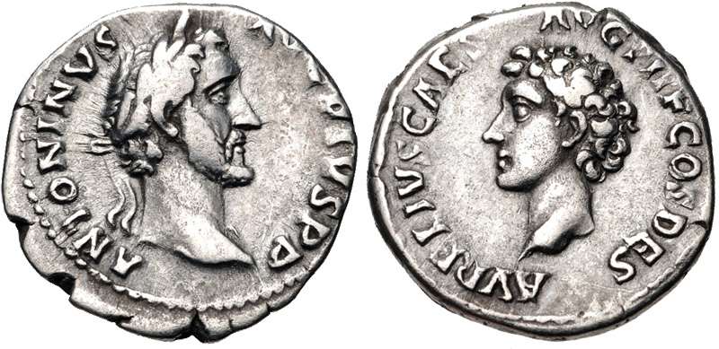Denarius of Antoninus Pius (AD 139), with a portrait of Marcus Aurelius on the reverse.