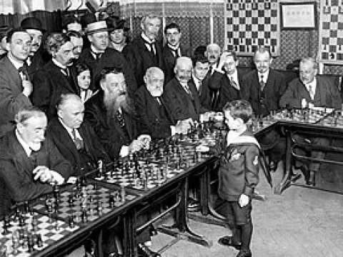 Reshevsky in 1920 (at age eight) giving a simultaneous chess exhibition in France