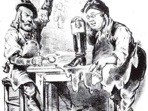 Garibaldi and Cavour making Italy in a satirical cartoon of 1861; the boot is a well-known reference to the shape of the Italian Peninsula.