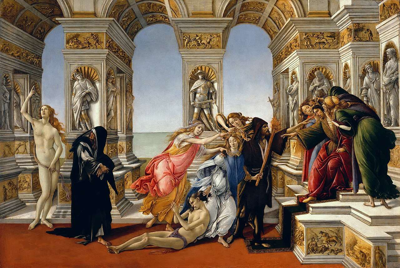 The Calumny of Apelles by Sandro Botticelli, based on a description of a painting by the Greek painter Apelles of Kos found in Lucian's ekphrasis On Calumny