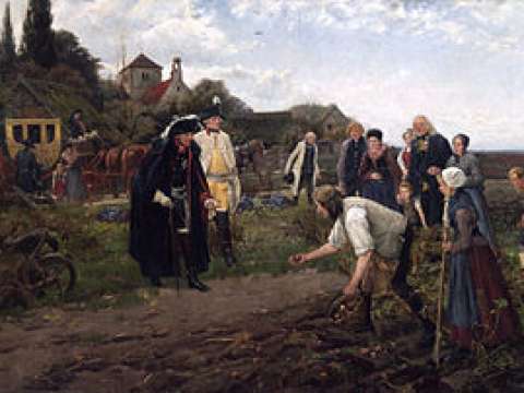 Frederick the Great inspects the potato harvest outside Neustettin