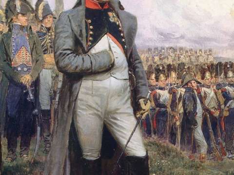 Napoleon is often represented in his green colonel uniform of the Chasseur à Cheval of the Imperial Guard, the regiment that often served as his personal escort, with a large bicorne and a hand-in-waistcoat gesture.