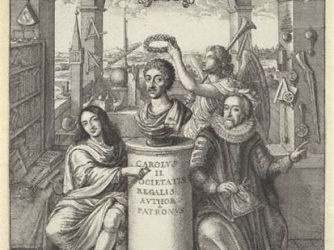 Frontispiece to 'The History of Royal-Society of London', picturing Bacon (to the right) among the founding influences of the Society – National Portrait Gallery, London