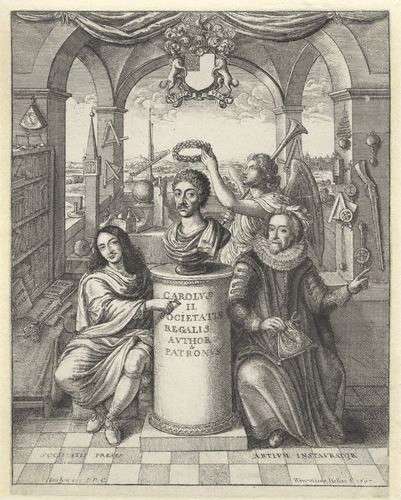 Frontispiece to 'The History of Royal-Society of London', picturing Bacon (to the right) among the founding influences of the Society – National Portrait Gallery, London