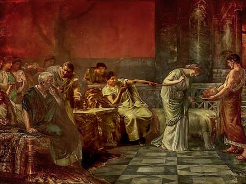 The Vengeance of Fulvia by Francisco Maura y Montaner, 1888 depicting Fulvia inspecting the severed head of Cicero