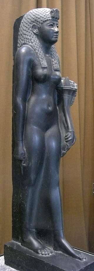 An Egyptian statue of either Arsinoe II or Cleopatra as an Egyptian goddess in black basalt from the second half of the 1st century BC