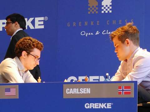 Carlsen facing Caruana at the 5th Grenke Chess Classic, 31 March 2018