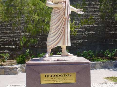 The statue of Herodotus in his hometown of Halicarnassus, modern Bodrum, Turkey