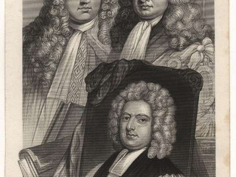 Bolingbroke pictured alongside the earl of Oxford, together with a portrait of Francis Atterbury. Engraving after a painting by Sir Godfrey Kneller.