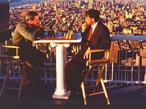 Kasparov and Viswanathan Anand in a publicity photo on top of the World Trade Center in New York, 1995