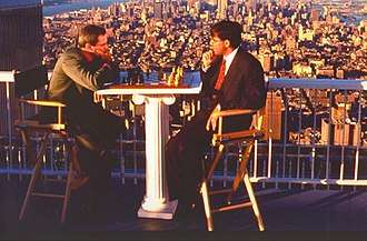 Kasparov and Viswanathan Anand in a publicity photo on top of the World Trade Center in New York, 1995