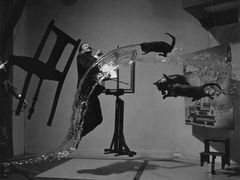 Dalí Atomicus, photo by Philippe Halsman (1948), shown before support wires were removed from the image