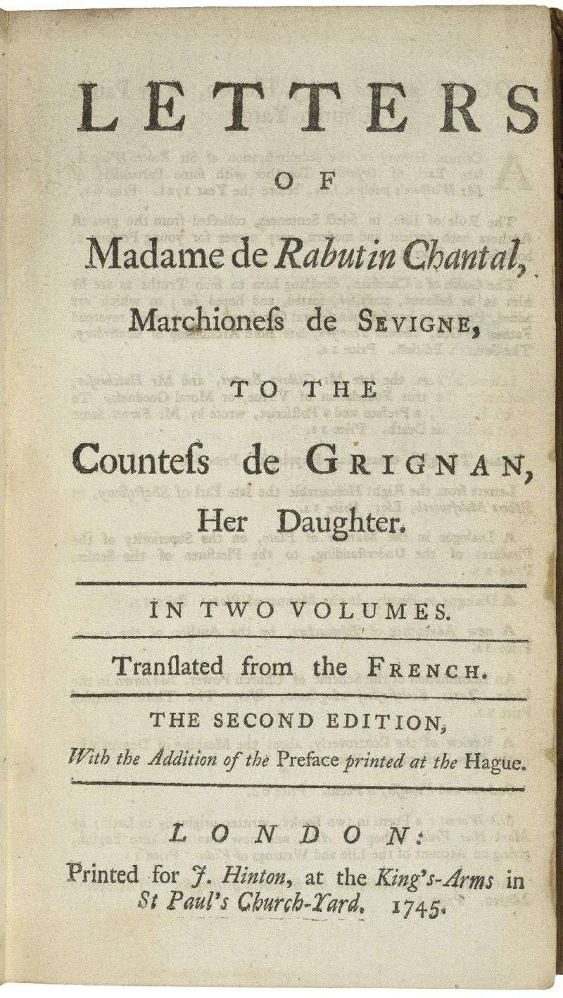 The title page of a 1745 English edition of Mme de Sévigné's letters.